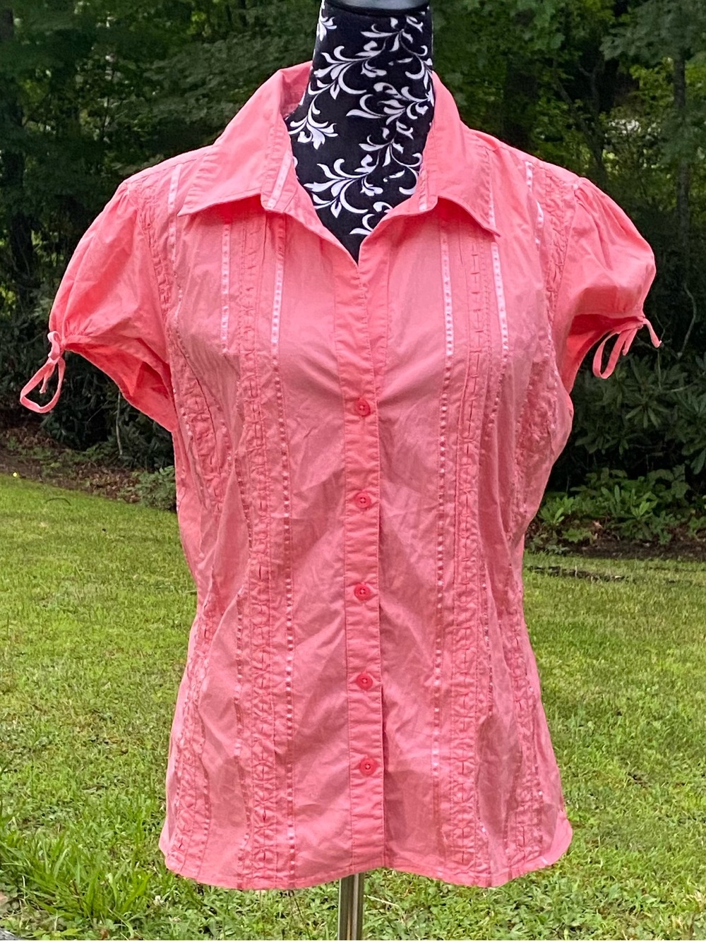 Studio 1940 Coral Pink Ribbon Trim Short-Sleeve Button Up Shirt Size Large - Picture 5 of 16